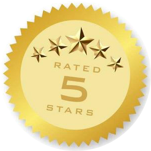 Gold seal with text "Rated 5 Stars" and five gold stars displayed above the text.