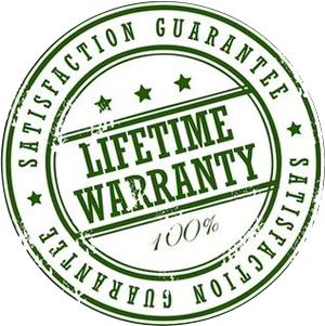 Green stamp with text "Lifetime Warranty" in the center, surrounded by the words "Satisfaction Guarantee" in a circular path. The stamp includes star symbols and a "100%" mark.