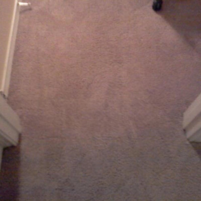 A carpeted hallway with beige-colored walls. The door frame and part of a rolling chair are partially visible.