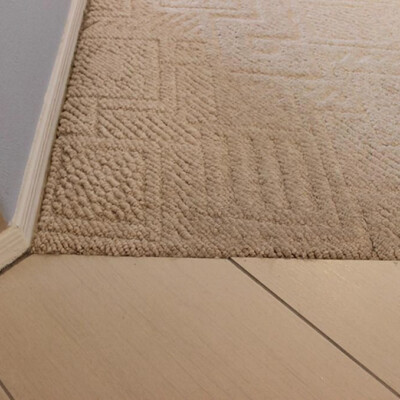 Close-up of a corner where a beige carpet meets light-colored tile flooring near a wall.
