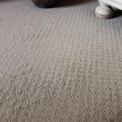 A beige carpet with an uneven surface, partial views of dark object on the left and a piece of furniture with white legs on the right.