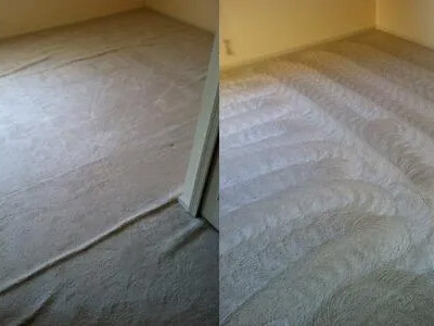 Two photos of a carpet in a room. The left photo shows a loose and wrinkled carpet, while the right photo shows the same carpet cleaned and properly stretched, laying flat and smooth.