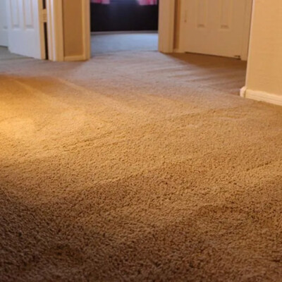A carpeted hallway with multiple open doors leading to different rooms, showcasing beige carpeting and white door frames.