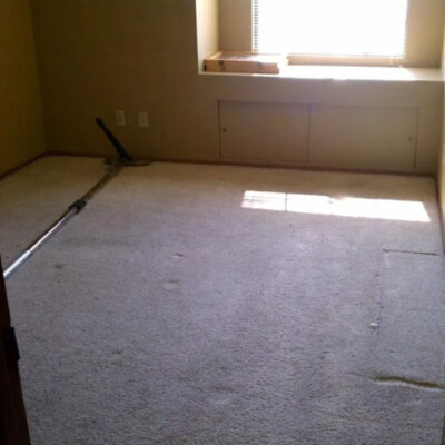 Empty room with beige carpet and a steam cleaner partially visible. Light enters through a window with closed blinds, illuminating part of the floor. A built-in shelf is below the window.