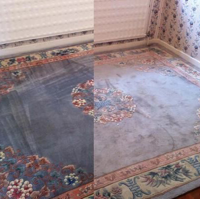 A room features a floral-patterned area rug, shown half cleaned and half dirty, highlighting the contrast between the cleaned and uncleaned sections. The walls have floral wallpaper.